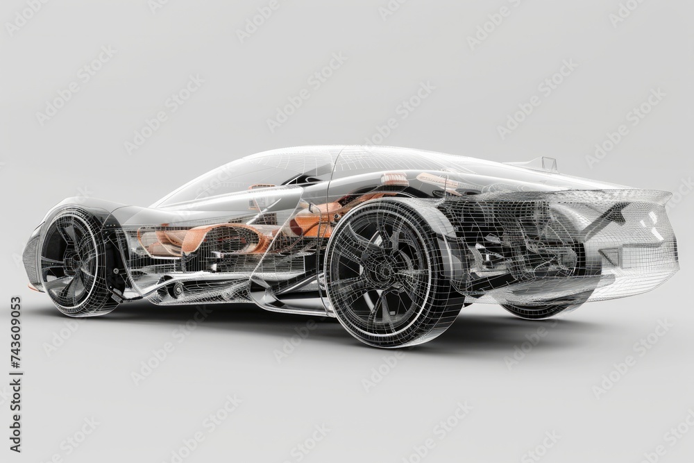 Aufkleber a transparent car design rendering that showcases the intricate internal mechanics and structure of 