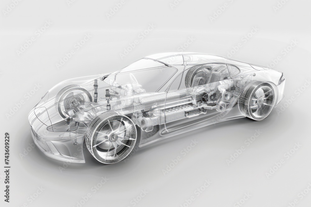 Poster a transparent car design rendering that showcases the intricate internal mechanics and structure of 