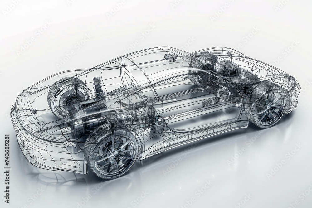 Aufkleber a transparent car design rendering that showcases the intricate internal mechanics and structure of 
