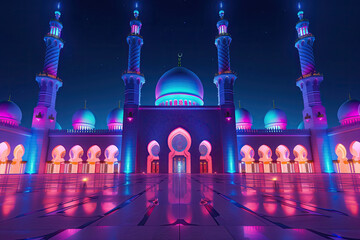 islamic mosque at night with neon and bright lights. ramadan kareem holiday celebration concept