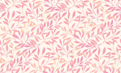 Pink pastel chic forest leaves seamless pattern. Vector hand drawn illustration. Abstract artistic branches leaf light printing. Template for designs, textile, collage wallpaper