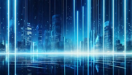 Modern city night skyline with skyscrapers. Abstract background with blue tone, with vertical light stripes and urban environment reflections. Banner header image.