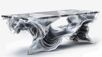 Sculptural acrylic resin dining table with organic shapes on transparent background. 