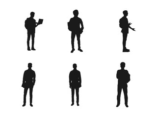 male student standing silhouettes. Vector silhouette of man standing, people, black color. silhouette people standing in line. Collage of silhouette people standing in line against white background.