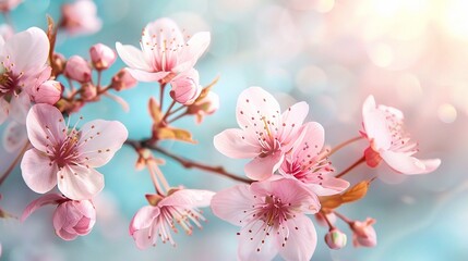 Fototapeta na wymiar Pink cherry tree blossom flowers blooming in spring
