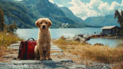 An eager puppy prepared for the journey. - obrazy, fototapety, plakaty