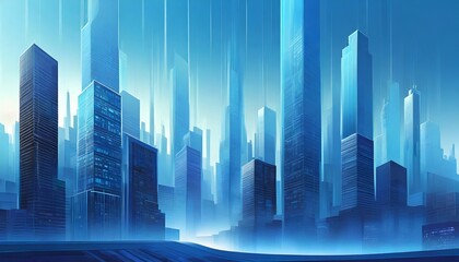 Modern city skyline with skyscrapers. Abstract background with blue tone, with urban ambient lights. Banner header image.