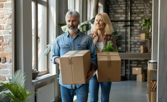 Elderly couple carrying moving boxes into their new urban loft, conveying a fresh start. Downsizing, retirement living, and the trend of seniors choosing urban living spaces.