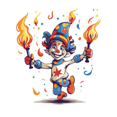 Clown with a torch in his hand. Vector cartoon illustration.