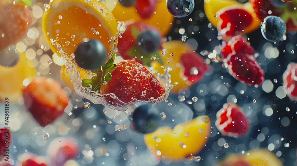 Poster mixed crushed fruits and berries with water and juice drops fly towards the camera in slow motion ag