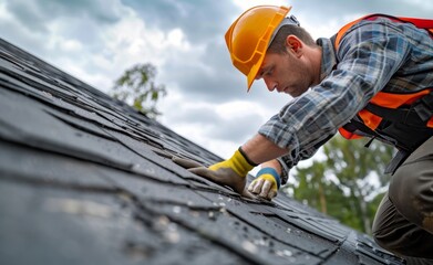 Skilled roofer inspecting shingles for repair or replacement, essential home maintenance. Wearing a safety helmet and gloves.