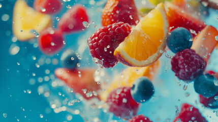 Mix crushed fruits and berries; pieces fly through the air on camera in slow motion, with drops of water and juice. Brightly colored background. Realistic effect.