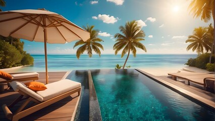 Luxury beach resort, water villa bungalow near endless pool over sea. Summer tropical island,...
