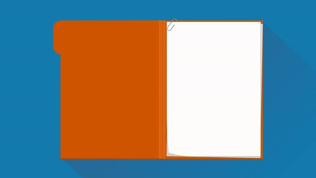Animation of opening an orange folder with a blank white sheet inside on a blue background with long shadow design