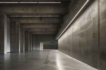 A minimalistic and spacious industrial interior with concrete walls and floor, subtly lit by strip lighting at the ceiling edge.