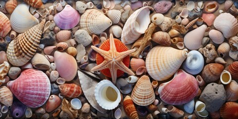 close up of colorful sea shells on the beach - obrazy, fototapety, plakaty