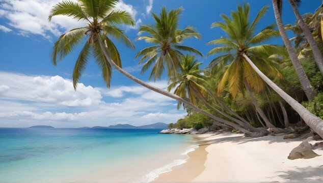 Beautiful beach. View of nice tropical beach with palms around. Holiday and vacation concept. Tropical beach.