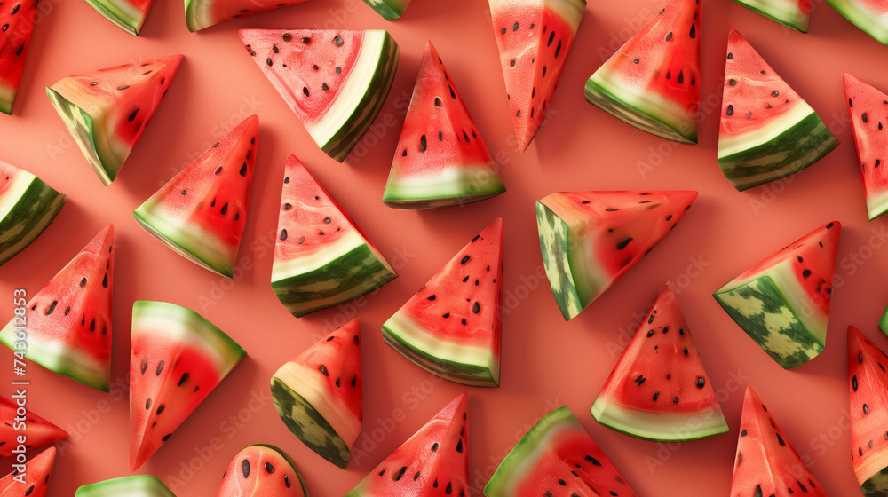 Poster realistic watermelon cone pieces form a seamless pattern on a colorful background.