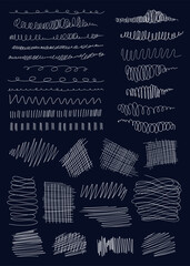 Hand drawn scribbles set. Grunge scrawls, charcoal scribbles, white pencil curly lines, curvature strokes, curved and shapes. Scrawl vector isolated textured elements on blue background.