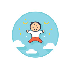 Cute little baby boy jumping on the clouds. Vector illustration.