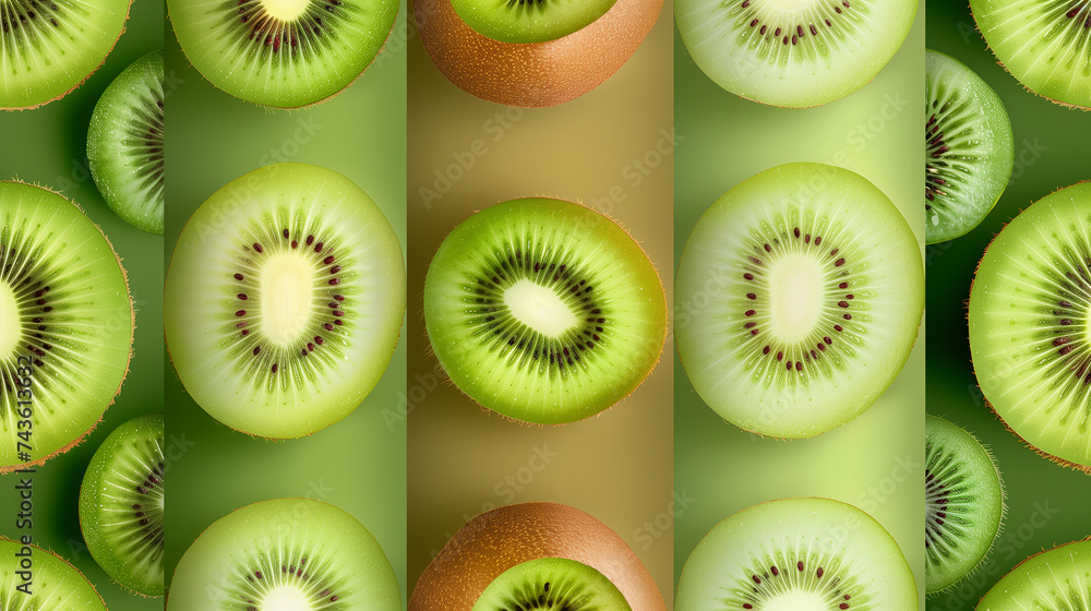 Poster set of kiwi fruits in a seamless pattern on a colored background.