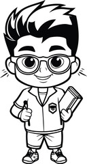 Black and White Cartoon Illustration of Cute Boy Student Character with Book