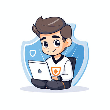 Cute boy using laptop computer. Vector flat cartoon character illustration.