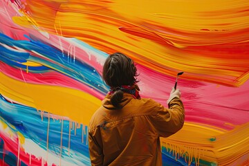 the artist at work, creating a bright canvas with bold color strokes.