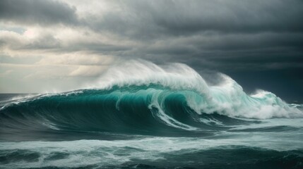 Fototapeta premium Large wave crashing on the ocean with storm clouds. Generative AI.