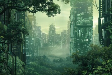 A digital forest merging with a futuristic cityscape.