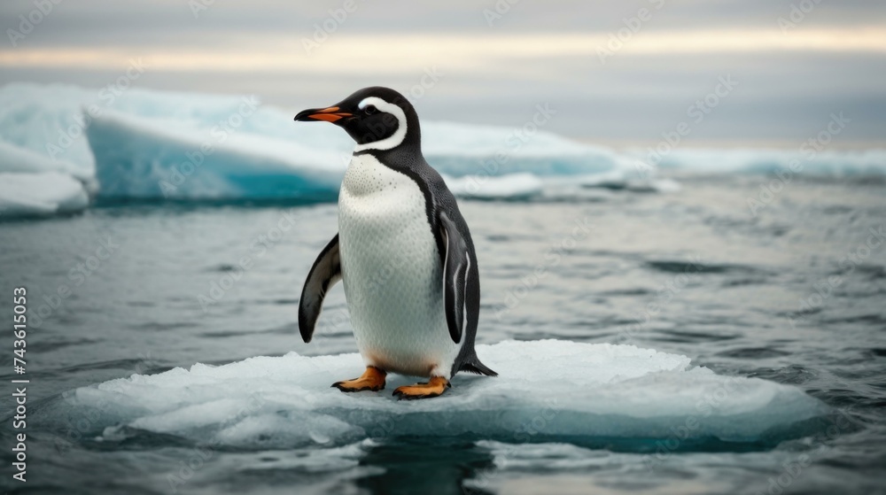 Poster a penguin standing on an ice floe in the ocean. generative ai.