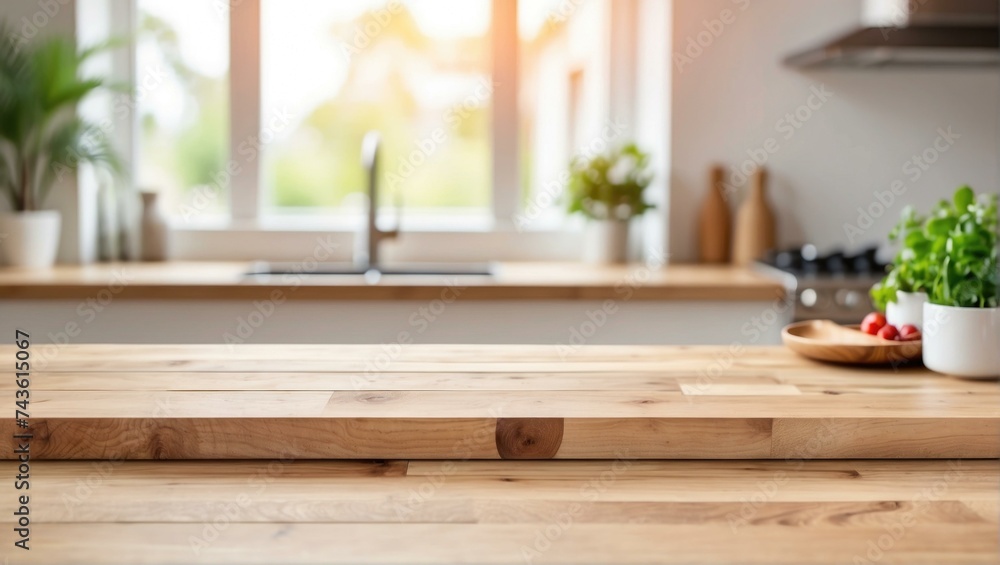 Poster a kitchen counter with a wooden table in front of a window. generative ai.