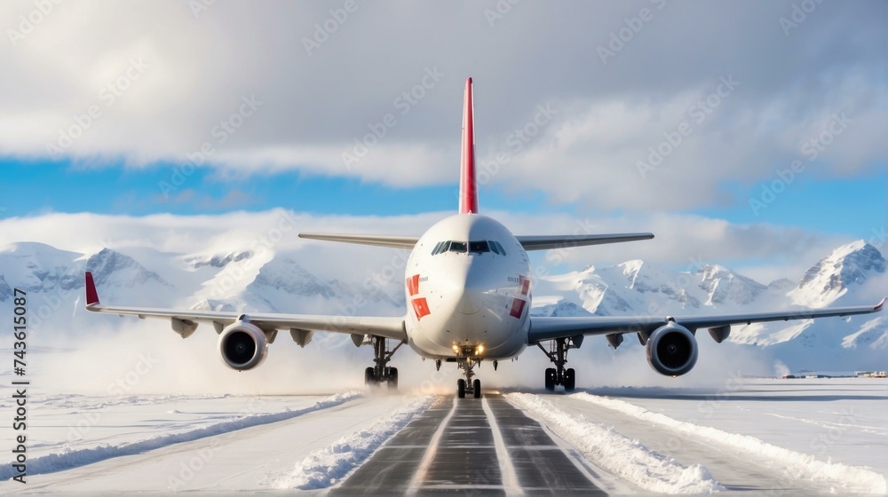 Poster a large passenger jet is on the runway in the snow. generative ai.