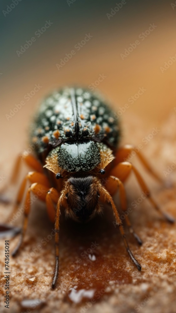 Poster a close up of a bug on a wooden surface. generative ai.