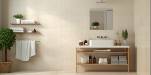 Fototapeta na wymiar Cream light ceramic wall chequered and floor tiles mosaic background in bathroom