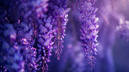 Wisteria in a cascading display, employing cinematic framing to showcase the abundance of lavender-colored blooms