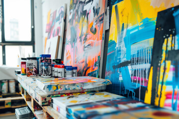 A wall adorned with bold, abstract paintings, adding a pop of color and creativity to a modern art...