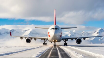Fototapeta na wymiar A large passenger jet is on the runway in the snow. Generative AI.