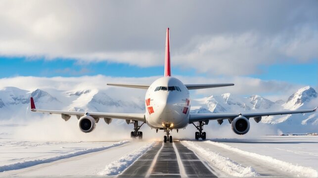 A large passenger jet is on the runway in the snow. Generative AI.