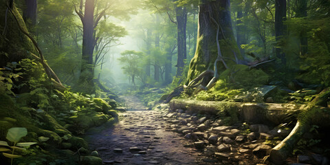 Deep in the woods follow the path through the mist and feel the type of peace only nature can give you - lush green forest and rugged path with hazy light
 - obrazy, fototapety, plakaty