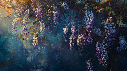 Wisteria at twilight, employing cinematic framing to convey the tranquility and magic of the evening