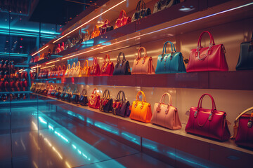 Rows of designer handbags gleaming under soft, ambient lighting in a high-end boutique. - obrazy, fototapety, plakaty