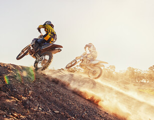 Hill, racer and motorcycle in action for competition on dirt road with performance, challenge and...