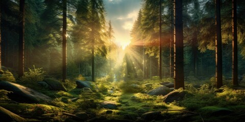 Forest Panorama with Sun Rays background