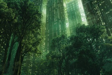 A digital forest merging with a futuristic cityscape.