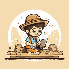 Cute little boy working on a laptop in the park. Vector illustration.