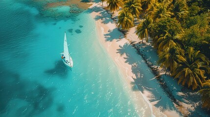 Sandy beach with palm trees and a sailing boat in the turquoise sea on Paradise island