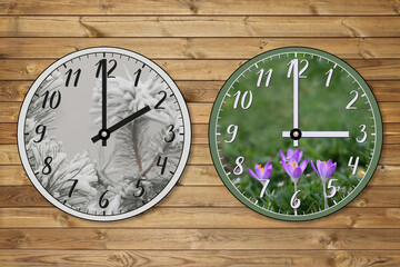 Two clocks: one represents winter and shows 02:00, the other represents spring and shows 03:00....