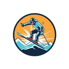 Skiing icon. Vector illustration of snowboarder skier jumping on snow mountain.