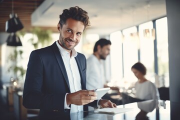 Confident businessman using tablet in modern office